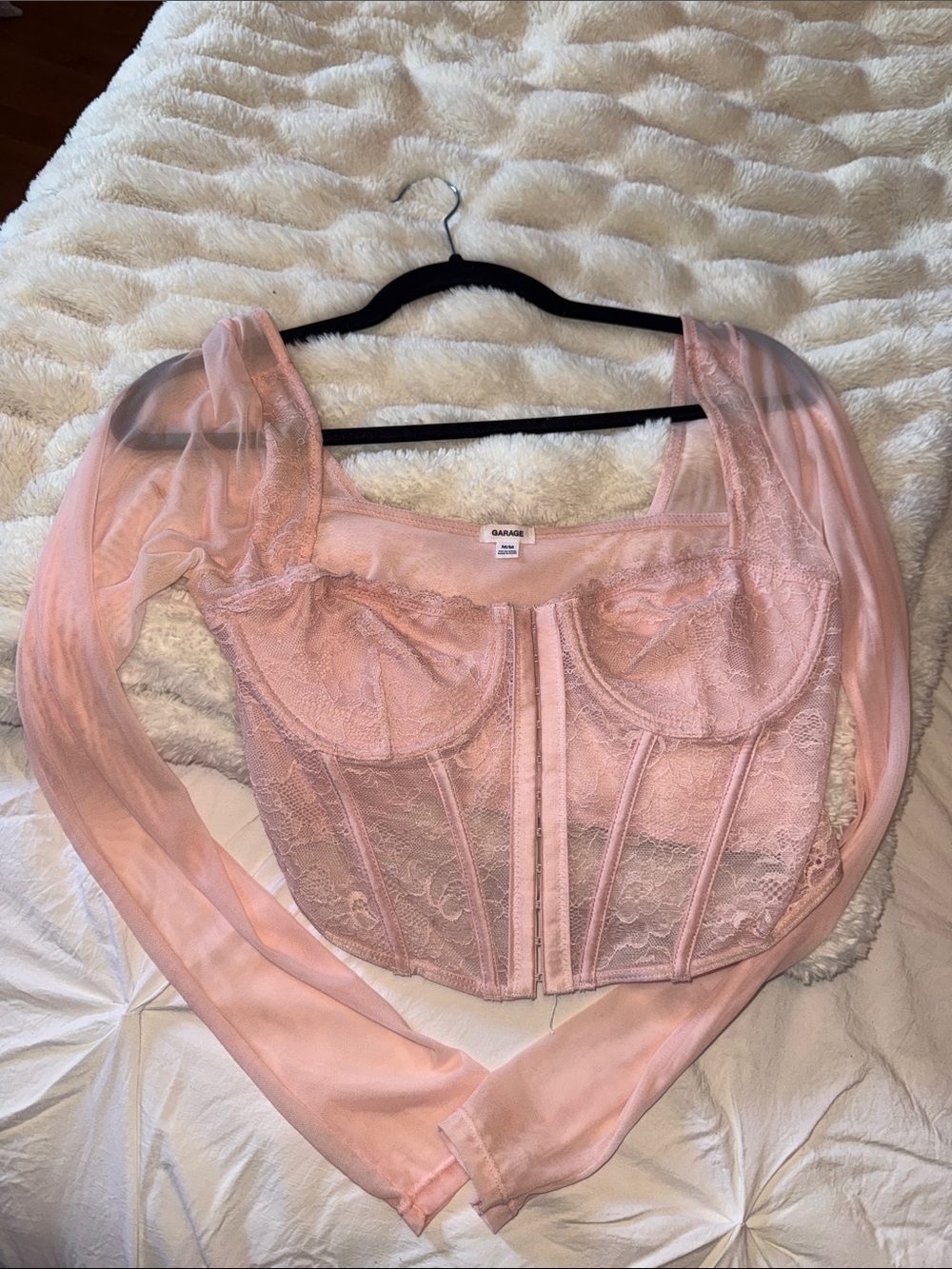 Garage Blush Pink Lace Corset Top with Sheer Long Sleeves